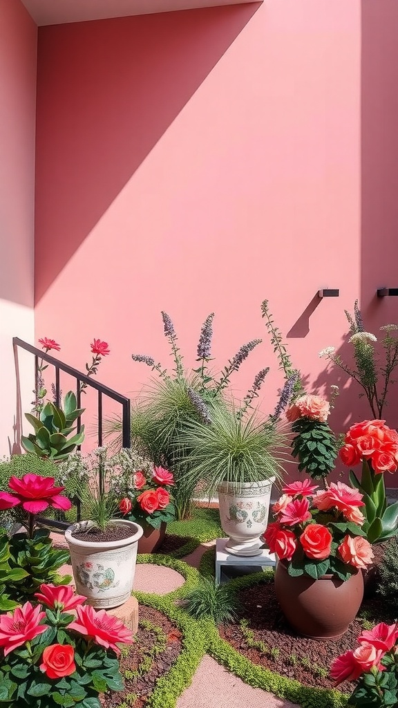 Beautifully arranged flower pots with pink roses and green plants, set against a pink wall.