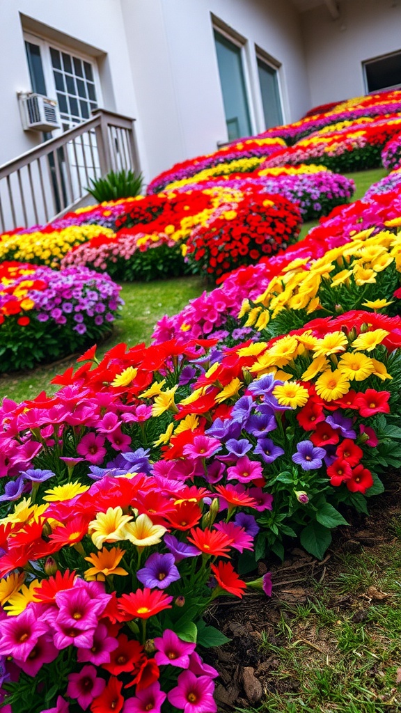 Colorful annual flower beds with vibrant pinks, yellows, reds, and purples on a hillside