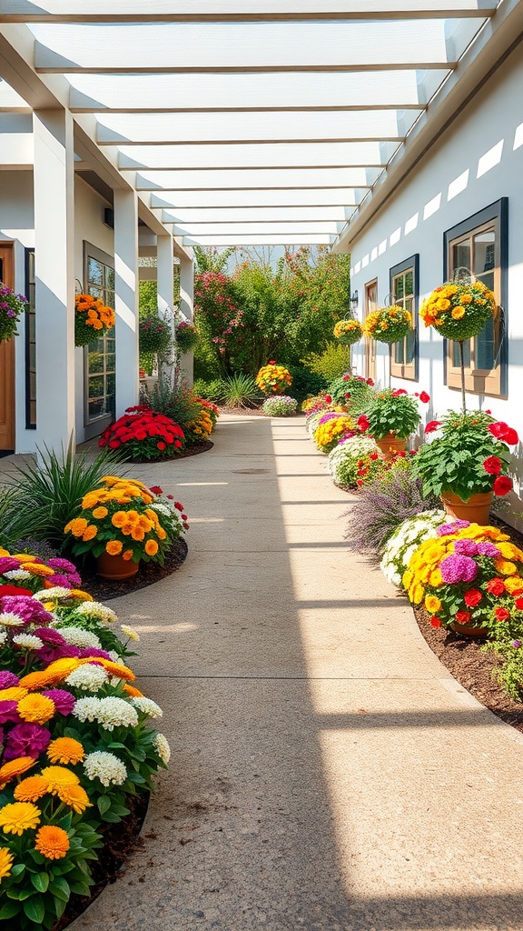 A driveway lined with colorful annual flowers in pots and hanging baskets, creating a bright and inviting path.