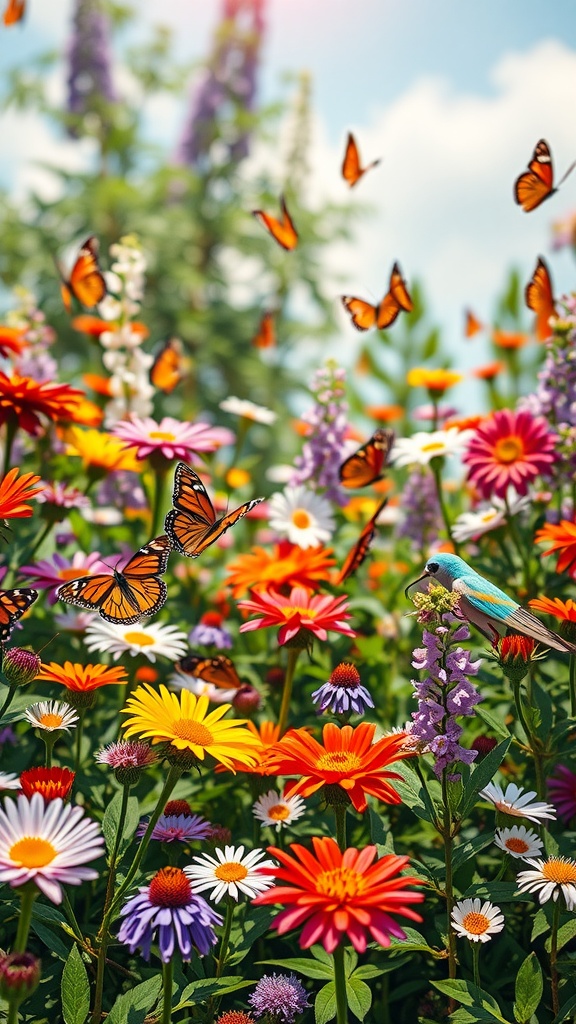 A vibrant butterfly garden filled with colorful flowers and butterflies.