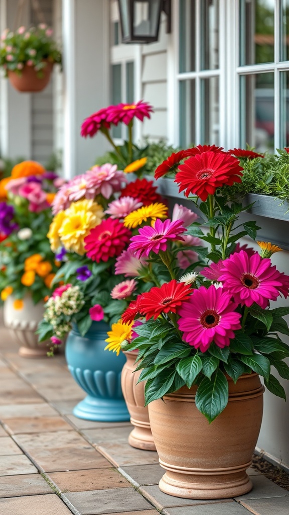 A variety of colorful flowers in containers on a patio.