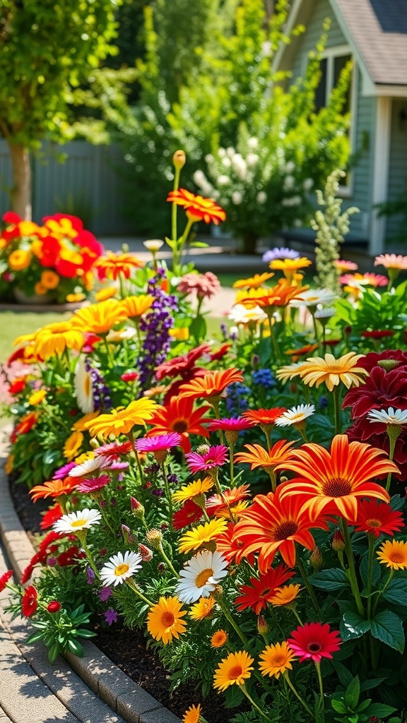 A vibrant flower bed filled with colorful flowers, including daisies and gerbera daisies, enhancing a backyard landscape.