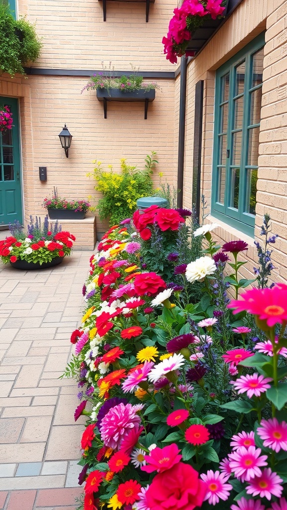 A small courtyard garden with colorful flower borders lining a pathway.