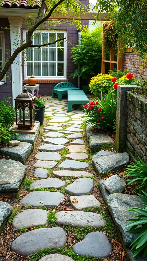 A colorful garden pathway made of irregular stones, lined with vibrant flowers and greenery.