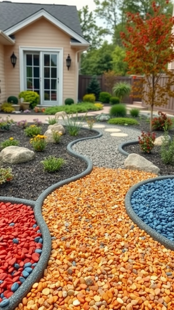 Vibrant colorful gravel pathway surrounded by flowers and greenery