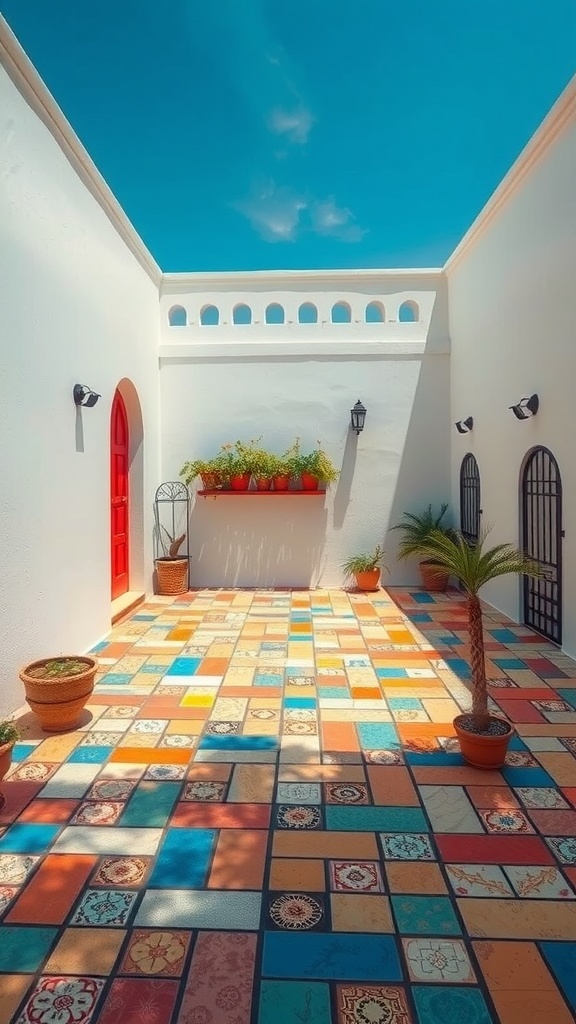 Small courtyard with colorful mosaic flooring and potted plants