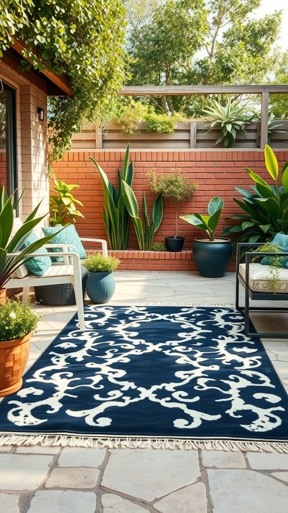 Navy blue outdoor rug with white design on a patio surrounded by plants