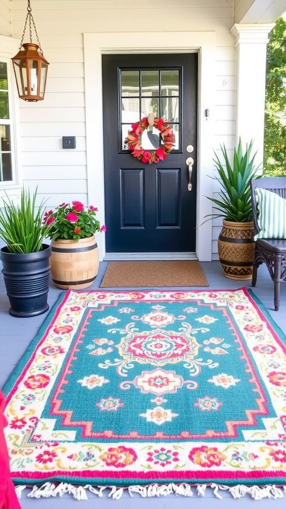 A colorful outdoor rug on a front porch with potted plants and a friendly dog.