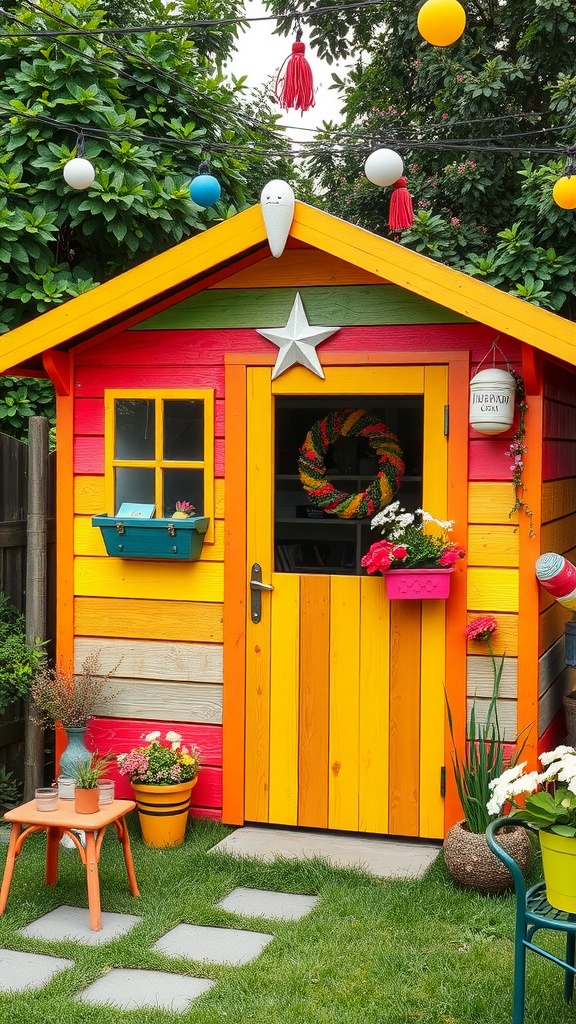 A colorful painted garden shed with a clock, flower pots, and bunting.