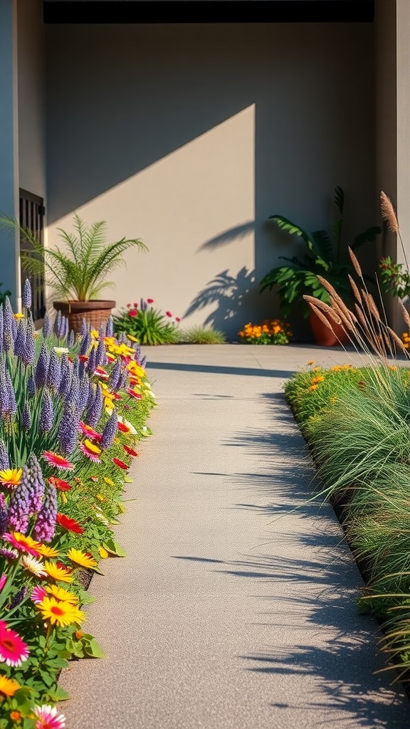 A beautifully landscaped driveway with colorful perennial borders featuring flowers and ornamental grasses.