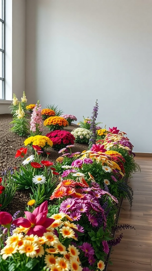 A beautifully arranged display of colorful perennial flowers in a garden setting.