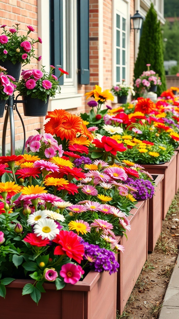 A vibrant display of colorful flowers in raised flower beds