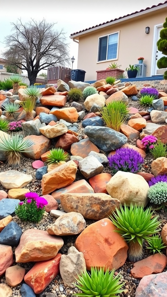 A colorful rock garden featuring various rocks and succulent plants on a slope.