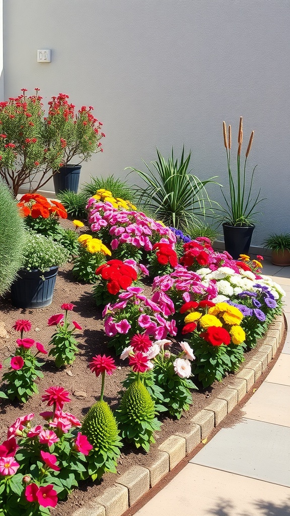 A colorful flower bed with various seasonal flowers arranged on a slope.