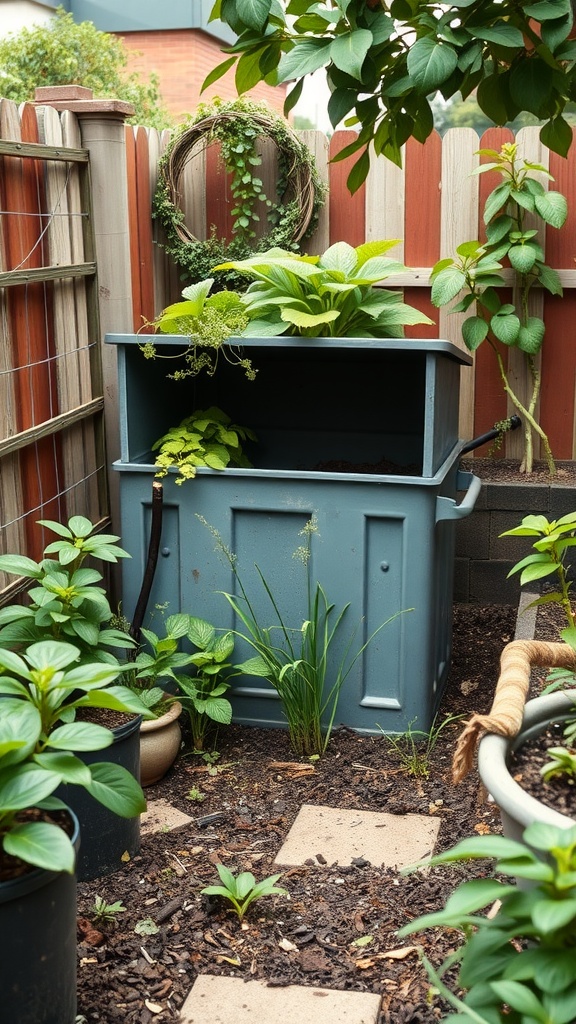 A compact compost bin surrounded by greenery in a small backyard.