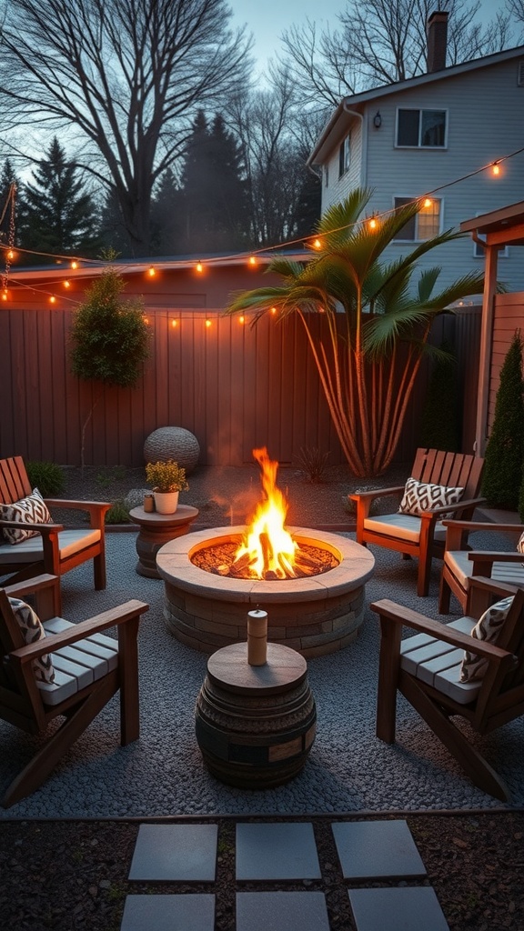 A cozy compact fire pit area with seating, plants, and string lights.