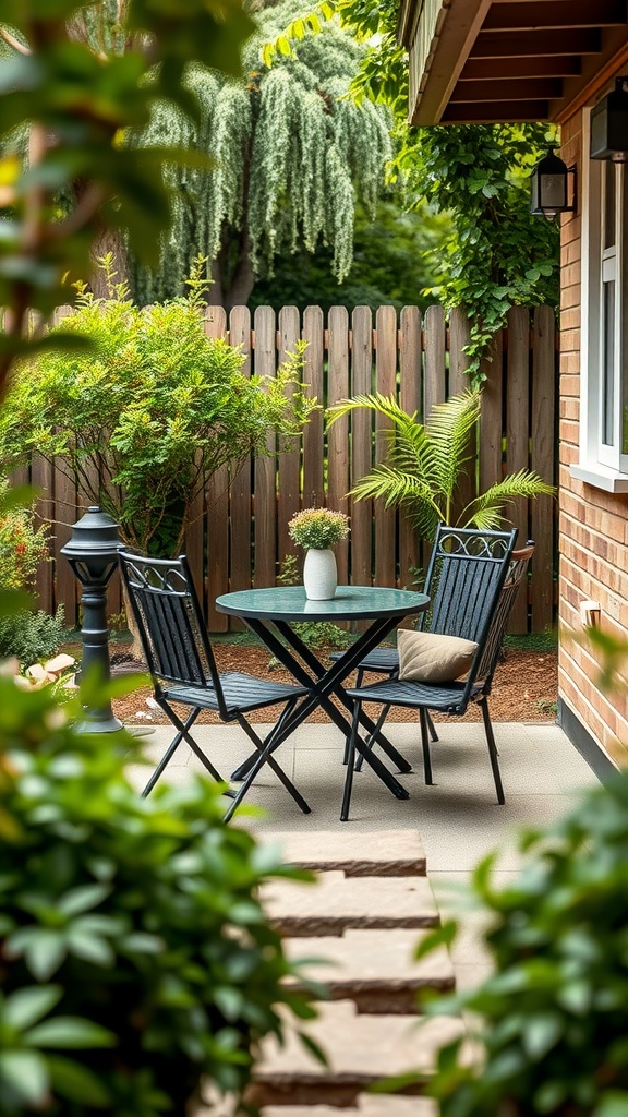 A small outdoor dining area featuring a round table and two black chairs surrounded by greenery.