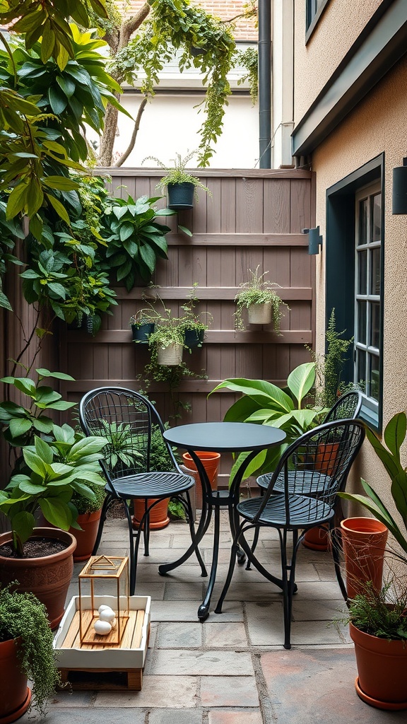 A cozy outdoor dining space featuring a small table and two chairs surrounded by potted plants.