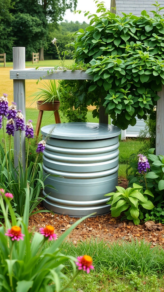 A green compost bin nestled in a colorful garden with flowers and greenery, blending harmoniously with the environment.