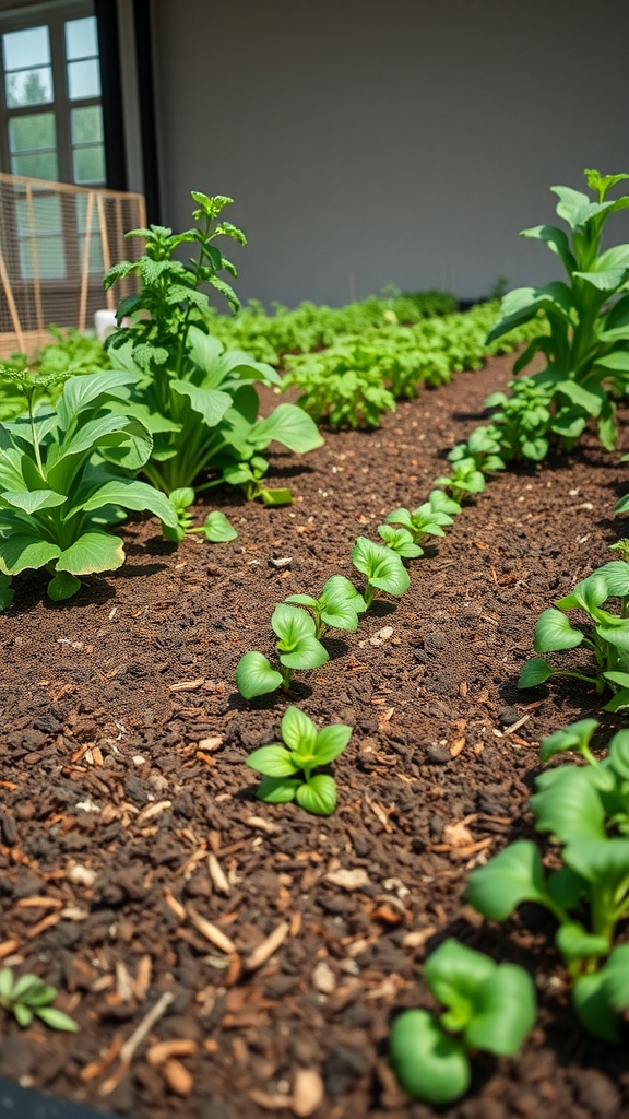 A lush garden with plants growing in nutrient-rich compost mulch.