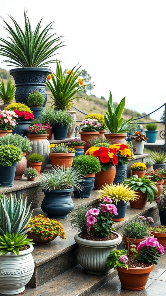 Colorful array of potted plants arranged on stone steps on a hillside, showcasing container gardening ideas.