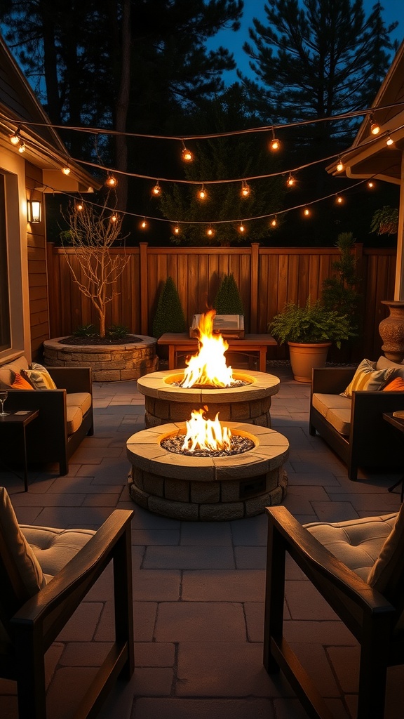 Cozy fire pit area with comfortable seating and string lights.