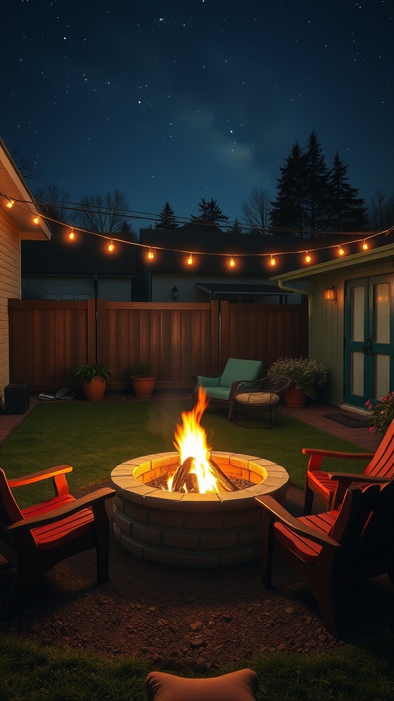 Cozy backyard with a fire pit, surrounded by chairs and string lights at night.