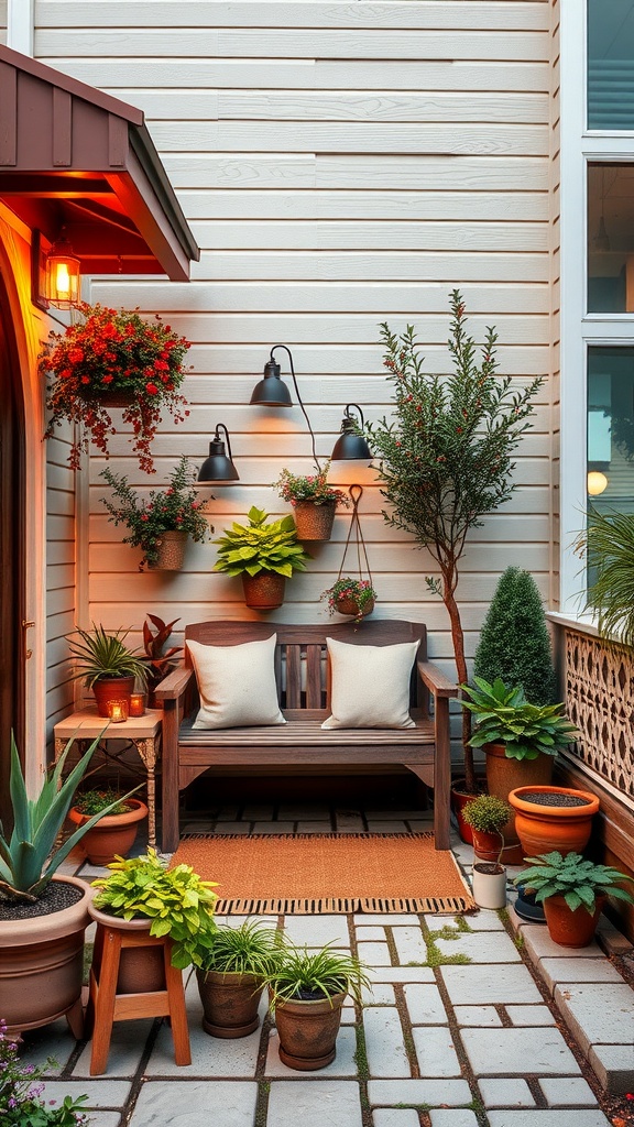 Cozy outdoor seating area with a wooden bench surrounded by potted plants.