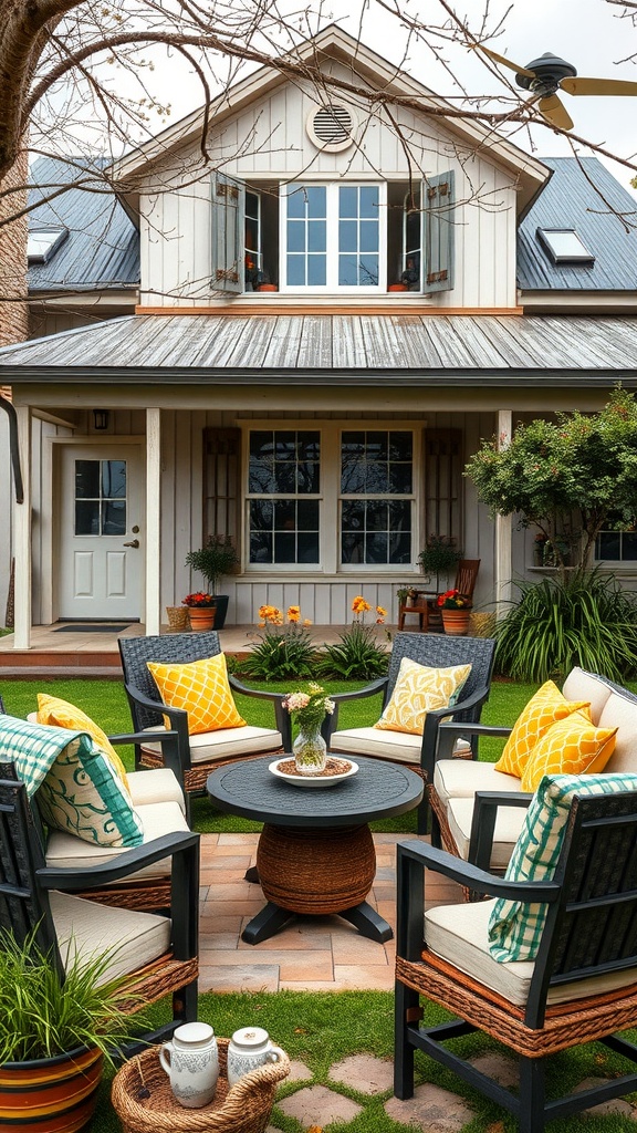 Cozy outdoor seating area with chairs, pillows, and a round table