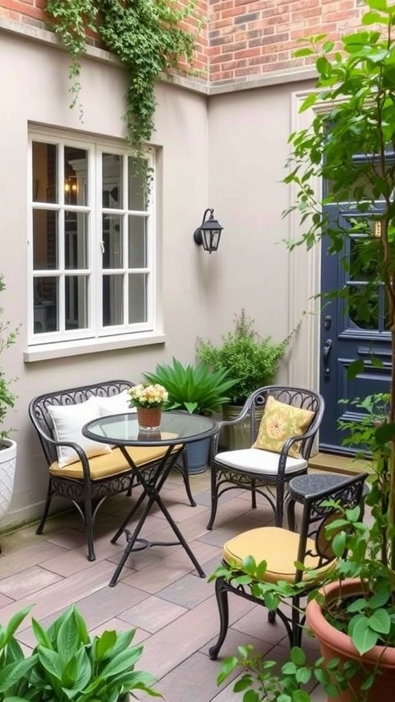 Cozy courtyard garden with seating arrangements including round tables and chairs decorated with plants.