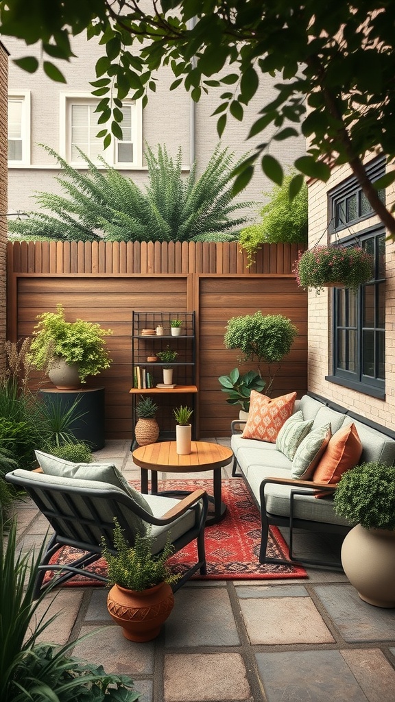 A cozy outdoor seating nook with comfortable chairs and a coffee table surrounded by greenery.