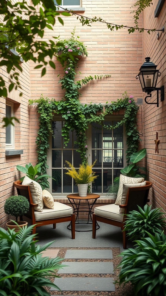 Cozy seating nook with two chairs and plants in a small side yard