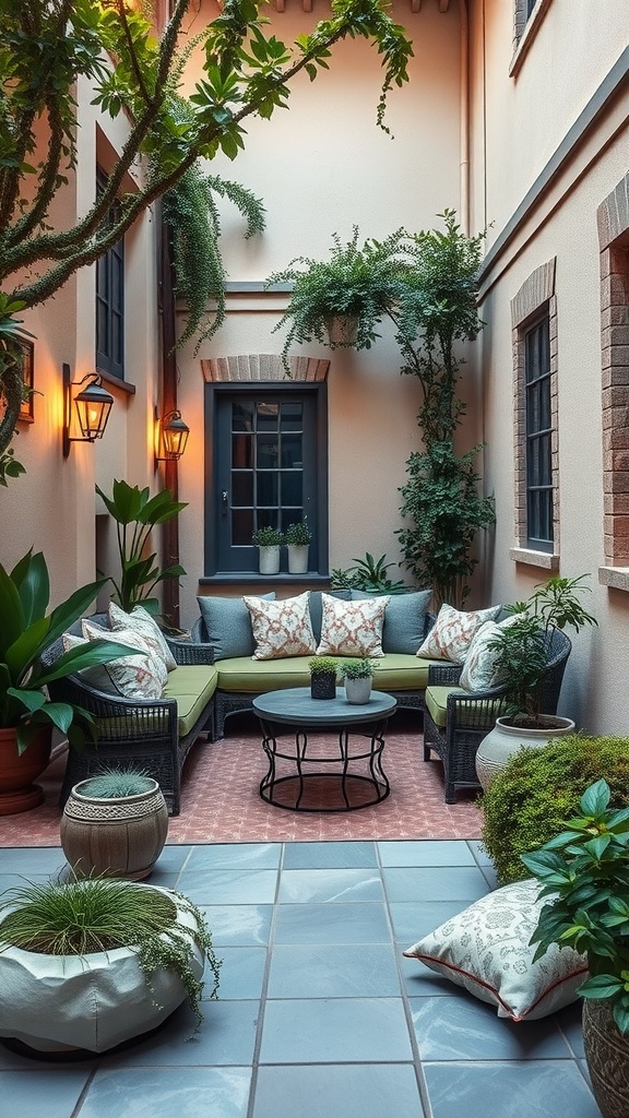 A cozy courtyard seating area surrounded by plants, featuring comfortable cushions and a small table.