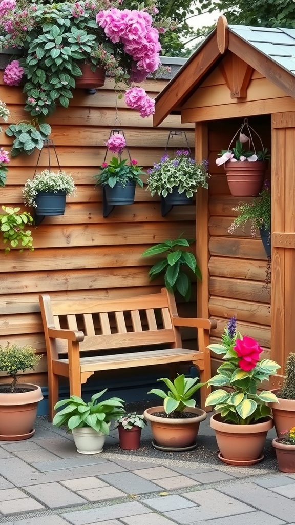 A cozy outdoor corner with a wooden bench surrounded by various potted plants and flowers.