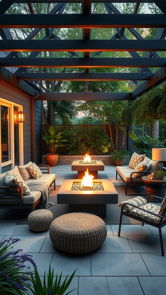 Cozy outdoor living space with seating, fire pit, and greenery.