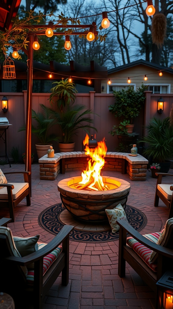 Cozy fire pit area with seating and string lights in a backyard setting.