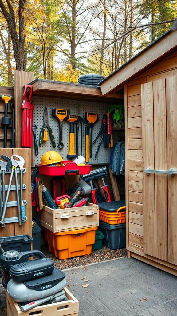 Organized tool storage area in a shed with shelves and pegboard