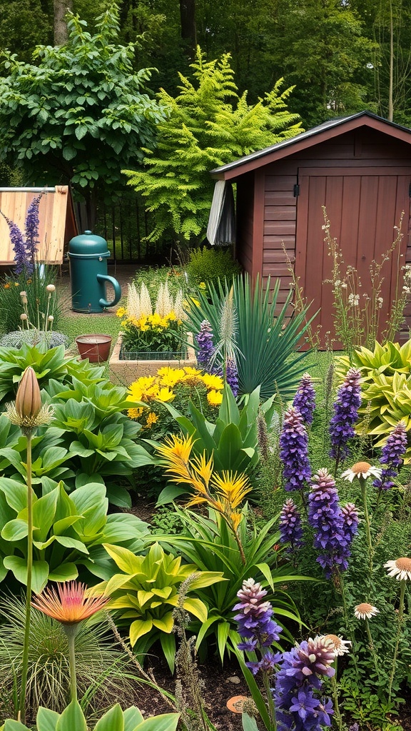 A colorful garden with various native plants surrounding a shed.