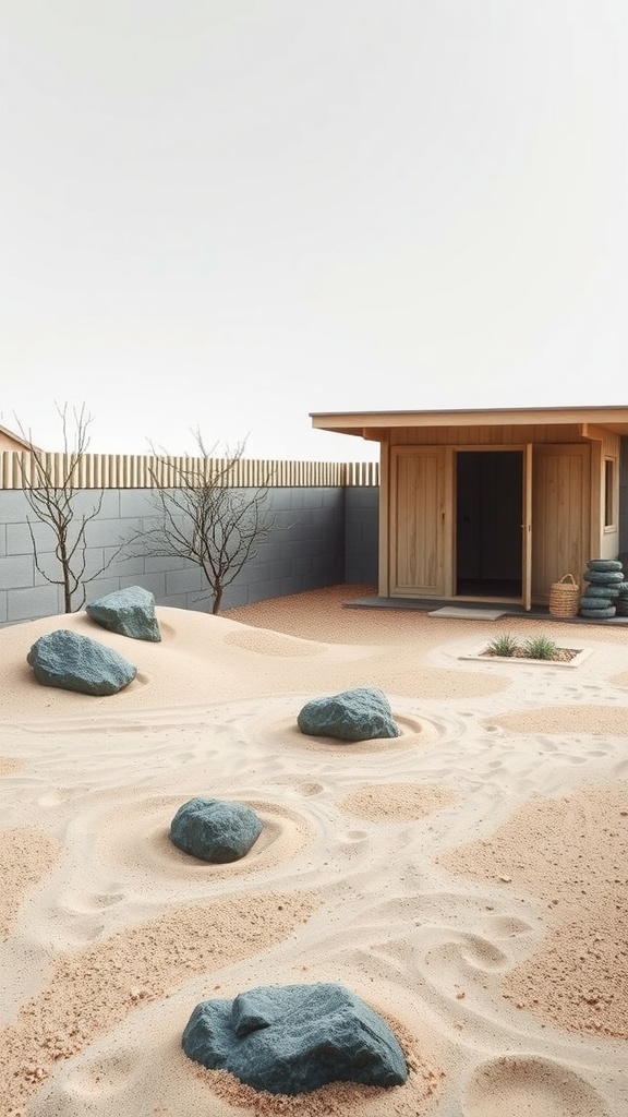 A Zen garden with sand, rocks, and a wooden shed, creating a peaceful outdoor space.