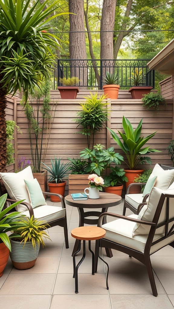 Cozy seating area in a backyard with plants and decorative furniture.