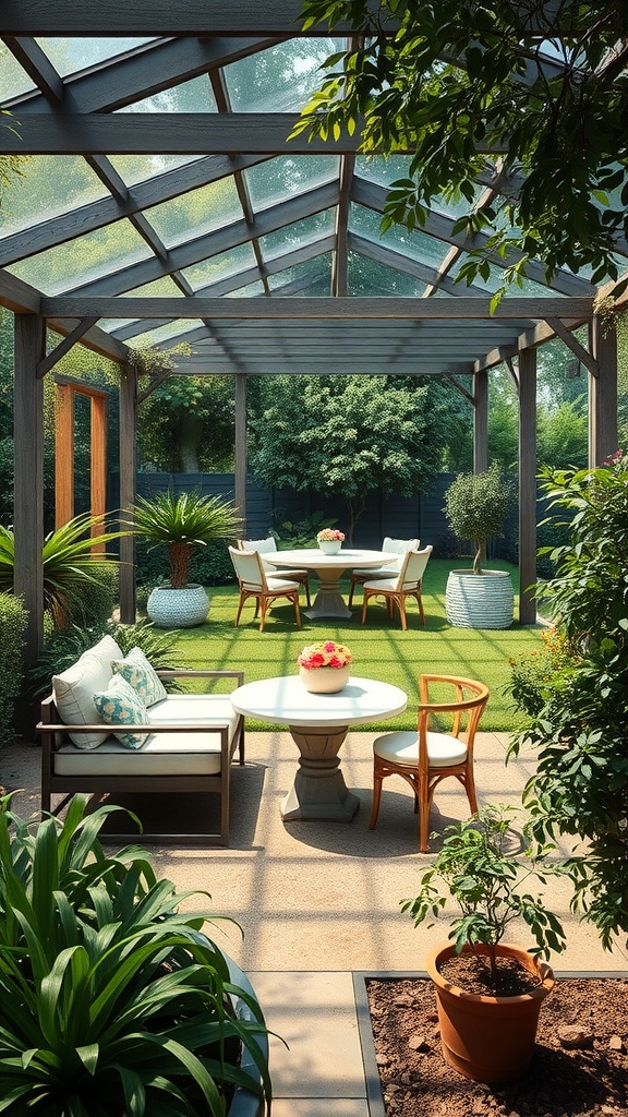 A cozy garden room featuring a glass-roofed structure with seating, a table, and surrounding greenery.