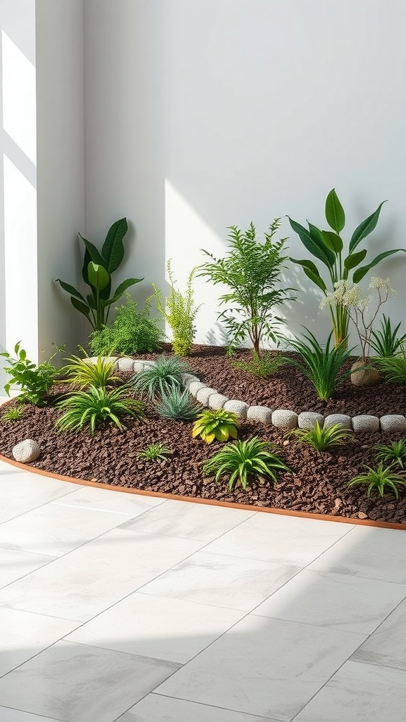 A landscaped area with various plants and layers of dark mulch, showcasing a modern design.