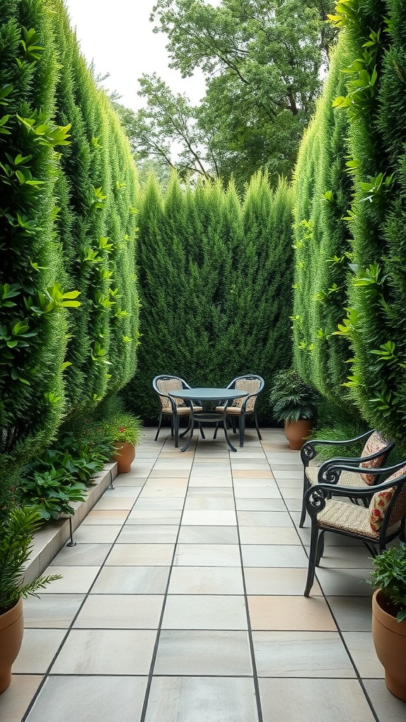 A serene patio garden with tall green hedges providing privacy, featuring a small table and chairs.