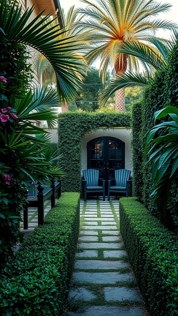 A peaceful outdoor pathway with lush hedges and palm trees, leading to a cozy seating area.