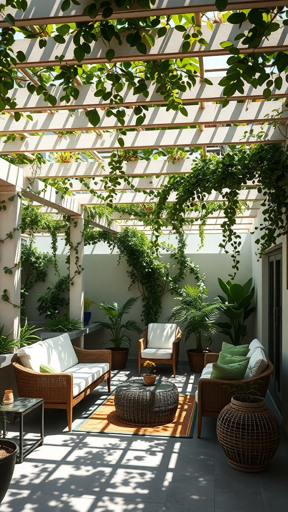 A shaded outdoor space with a wooden pergola covered in green vines and surrounded by potted plants.