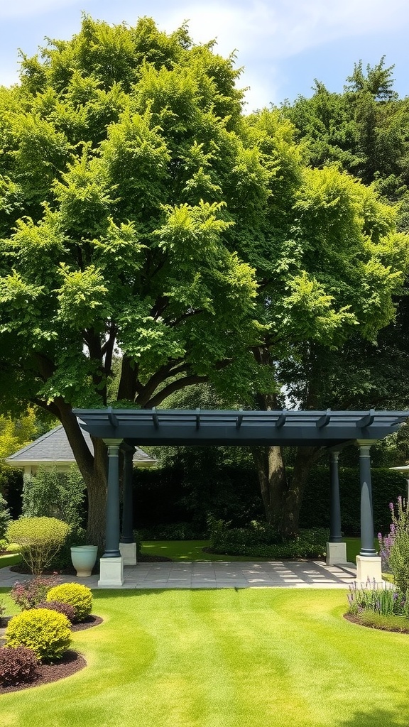 A shaded area created by a large tree and a wooden pergola, showcasing a lush green lawn.