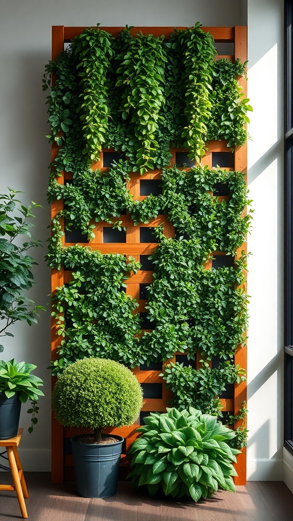 Vertical garden featuring lush green boxwood and other plants against a wooden trellis.