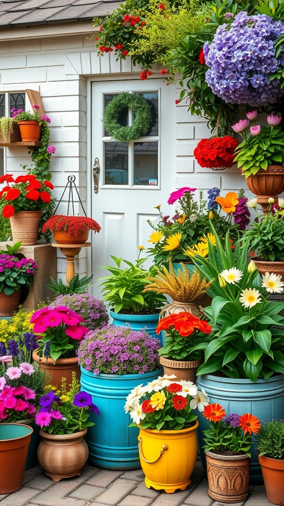 Colorful array of flower-filled containers in a cottage garden setting