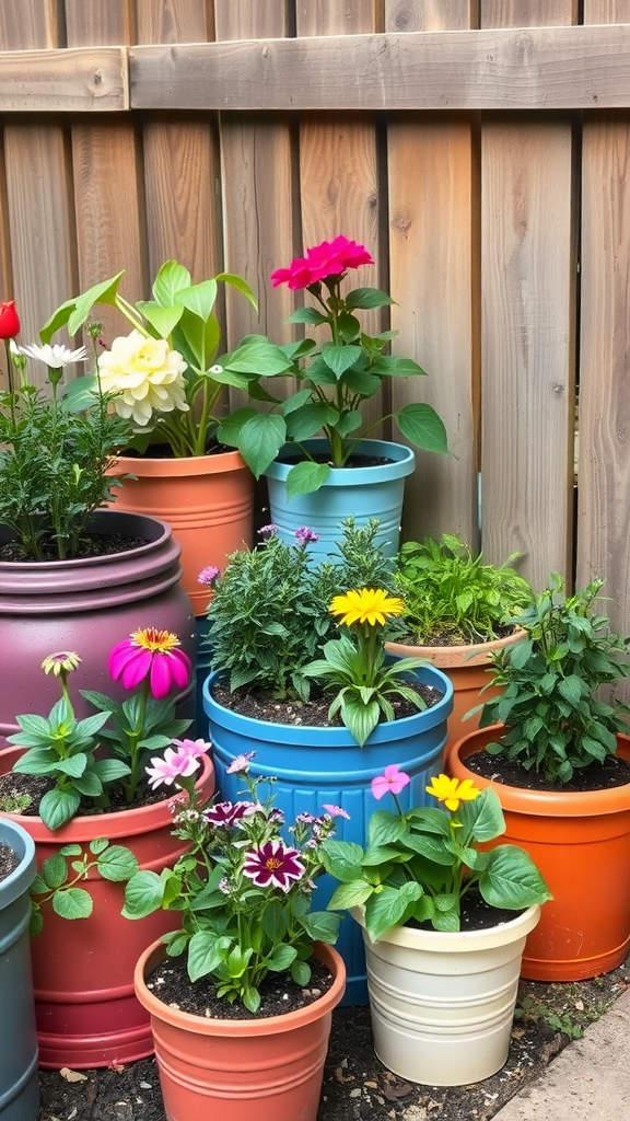 Colorful container gardens with various flowers and plants in pots