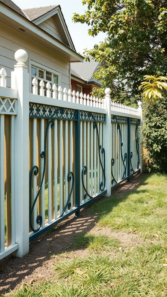 Decorative fence with wooden slats and metal details in a sunny side yard